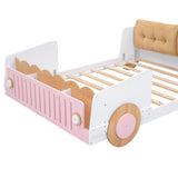 Full Size Car-Shaped Platform Bed with Soft Cushion and Shelves - White