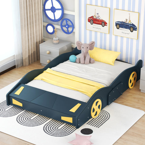 Velocity Full Race Car Bed - Dark Blue and Yellow Design with Storage by Lissie Lou