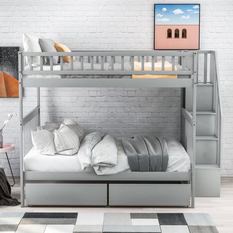 Full Over Full Bunk Bed with Two Drawers and Storage - Contemporary Gray- by Lissie Lou