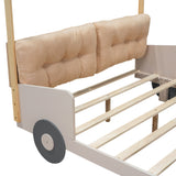 Wood Full Size Car Bed with Pillow, Ceiling Cloth and LED, Natural- Online Orders Only