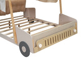 Wood Full Size Car Bed with Pillow, Ceiling Cloth and LED, Natural- Online Orders Only