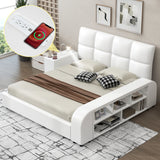 Eclipse Queen Platform Bed - White Upholstered Design with Multimedia Nightstand and Storage by Lissie Lou