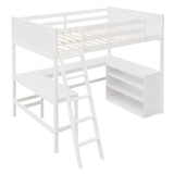 Full Size Loft Bed with Shelves and Desk - White- by Lissie Lou