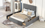 Queen Size Upholstery Platform Bed with Four Drawers on Two Sides, Adjustable Headboard, Grey