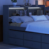 Full Size Bed with USB & Type-C Ports, LED Light, Bookcase Headboard, Trundle, and 3 Storage Drawers - Grey