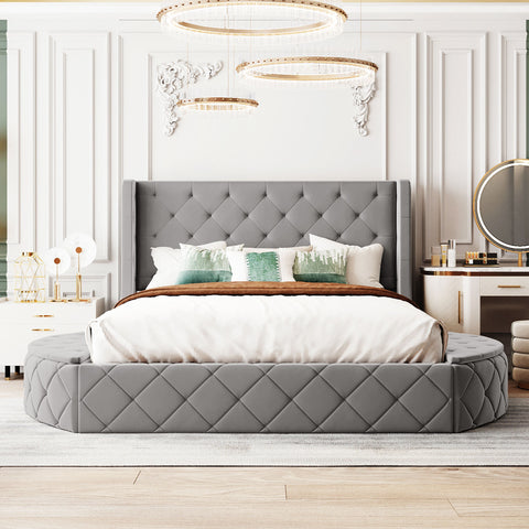 Opulent Queen Platform Bed - Gray Velvet Wingback Design with Storage and Stools by Lissie Lou