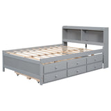 Full Size Bed with USB & Type-C Ports, LED Light, Bookcase Headboard, Trundle, and 3 Storage Drawers - Grey