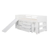 Low Twin Size Loft Bed with Cabinets, Shelves and Slide - White