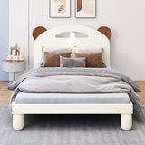 Twin Size Platform Bed with Bear Ears Shaped Headboard and LED, Cream White