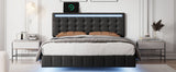 Full Size Floating Bed Frame with LED Lights and USB Charging - Modern Upholstered Platform, Black- by Lissie Lou