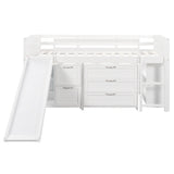 Low Twin Size Loft Bed with Cabinets, Shelves and Slide - White