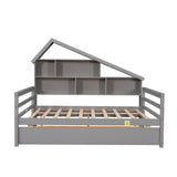 Full Size Platform Bed with Trundle and House Shaped Shelving - Gray- by Lissie Lou