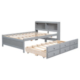 Full Size Bed with USB & Type-C Ports, LED Light, Bookcase Headboard, Trundle, and 3 Storage Drawers - Grey