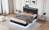 Full Size Floating Bed Frame with LED Lights and USB Charging - Modern Upholstered Platform, Black- by Lissie Lou