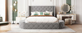 Opulent Queen Platform Bed - Gray Velvet Wingback Design with Storage and Stools by Lissie Lou