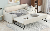 Twin Size Upholstery Daybed with Trundle and USB Charging Design,Trundle can be flat or erected, Beige