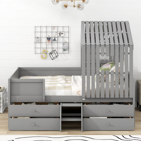 Full Size House Low Loft Bed with Four Drawers - Gray- by Lissie Lou