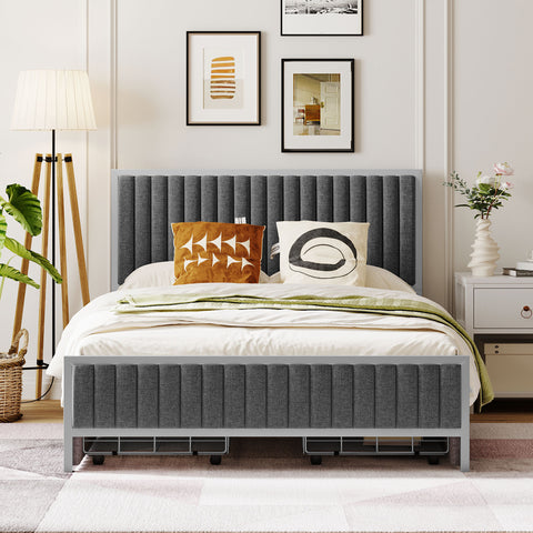 Full Size Metal Frame Upholstered Bed with 4 Drawers - Linen Fabric, Gray- by Lissie Lou