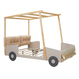 Wood Full Size Car Bed with Pillow, Ceiling Cloth and LED, Natural- Online Orders Only