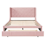 Queen Size Storage Bed Velvet Upholstered Platform Bed with Wingback Headboard and a Big Drawer (Pink)