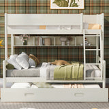 Wood Twin over Full Bunk Bed with Storage Shelves and Twin Size Trundle, Cream- Online Orders Only