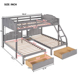 Full Over Twin & Twin Triple Bunk Bed with Drawers and Guardrails - Elegant Gray Velvet