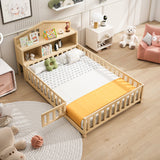 Explore Full Montessori Floor Bed - Natural Wood Design with Bookcases, Blackboard, and Guard Rails by Lissie Lou