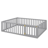 Queen Size Wood Floor Bed Frame with Fence and Door, Gray