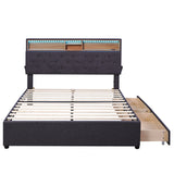 Full Size Upholstered Platform Bed with Storage Headboard, LED, USB Charging and 2 Drawers, Dark Gray