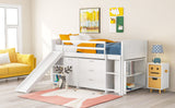 Low Twin Size Loft Bed with Cabinets, Shelves and Slide - White