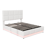 Full Size Tufted Upholstered Platform Bed with Hydraulic Storage System - Faux Leather with LED Lights and USB Charger- White- by Lissie Lou