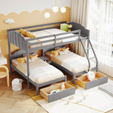 Full Over Twin & Twin Triple Bunk Bed with Drawers and Guardrails - Elegant Gray Velvet