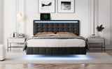 Full Size Floating Bed Frame with LED Lights and USB Charging - Modern Upholstered Platform, Black- by Lissie Lou