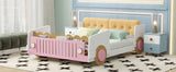 Full Size Car-Shaped Platform Bed with Soft Cushion and Shelves - White