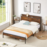 Bed Frame with Charging Station, Queen Size - Rustic Brown- by Lissie Lou