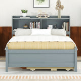 Full Size Bed with USB & Type-C Ports, LED Light, Bookcase Headboard, Trundle, and 3 Storage Drawers - Grey