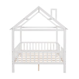 Full Size Wood House Bed with Fence, White