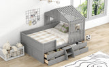 Full Size House Low Loft Bed with Four Drawers - Gray- by Lissie Lou