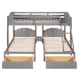 Full Over Twin & Twin Triple Bunk Bed with Drawers and Guardrails - Elegant Gray Velvet