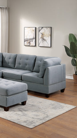 6-Piece Modular Sectional Sofa Set in Gray - Contemporary Corner Sectional with Tufted Back, Nailhead Accents, and Linen-Like Fabric