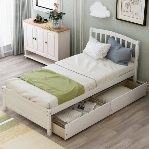 Twin Platform Storage Bed with Headboard - White Wood Bed Frame