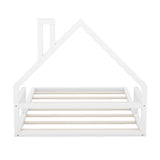 Full Size Wood Floor Bed with House-shaped Headboard, White