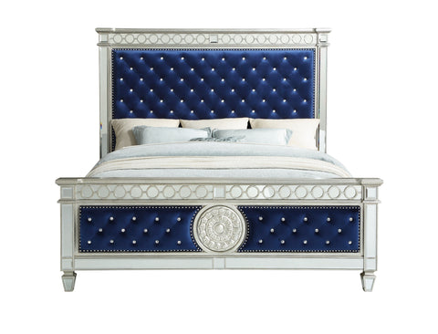 Varian Queen Bed in Blue Velvet & Mirrored 26150Q