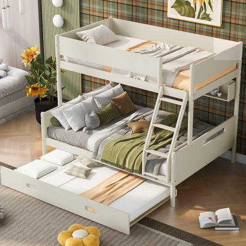 Wood Twin over Full Bunk Bed with Storage Shelves and Twin Size Trundle, Cream- Online Orders Only