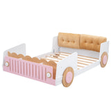 Full Size Car-Shaped Platform Bed with Soft Cushion and Shelves - White