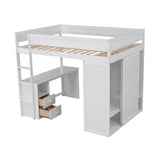 Wood Full Size Loft Bed with Wardrobes and 2-Drawer Desk with Cabinet, White- Online Orders Only