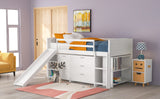 Low Twin Size Loft Bed with Cabinets, Shelves and Slide - White