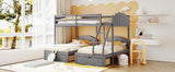 Full Over Twin & Twin Triple Bunk Bed with Drawers and Guardrails - Elegant Gray Velvet