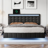 Full Size Floating Bed Frame with LED Lights and USB Charging - Modern Upholstered Platform, Black- by Lissie Lou