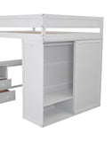 Wood Full Size Loft Bed with Wardrobes and 2-Drawer Desk with Cabinet, White- Online Orders Only